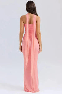 Women's Mesh Strapless Maxi Dress with Choker Tie and Fishtail Hem - Maisie London