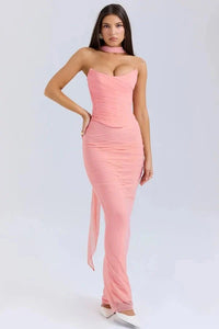Women's Mesh Strapless Maxi Dress with Choker Tie and Fishtail Hem - Maisie London