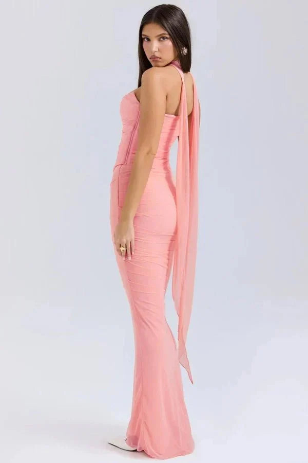 Women's Mesh Strapless Maxi Dress with Choker Tie and Fishtail Hem - Maisie London