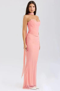 Women's Mesh Strapless Maxi Dress with Choker Tie and Fishtail Hem - Maisie London