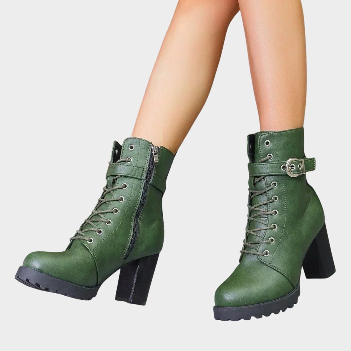Women's Faux Leather Block Heel Ankle Boots with Lace-Up Front - Maisie London