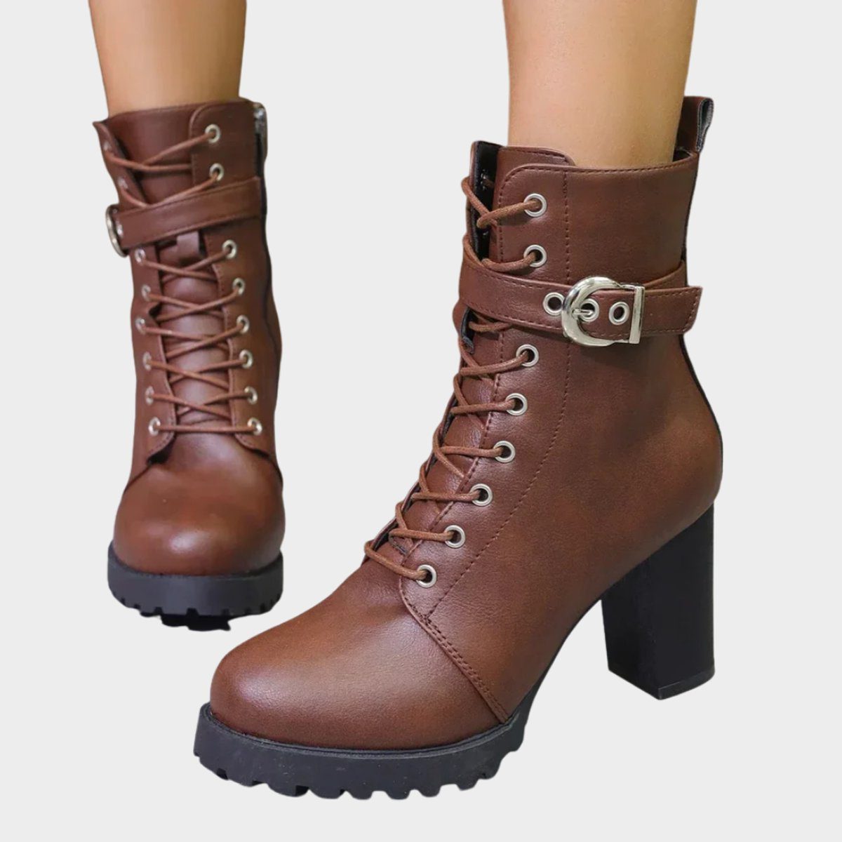 Women's Faux Leather Block Heel Ankle Boots with Lace-Up Front - Maisie London