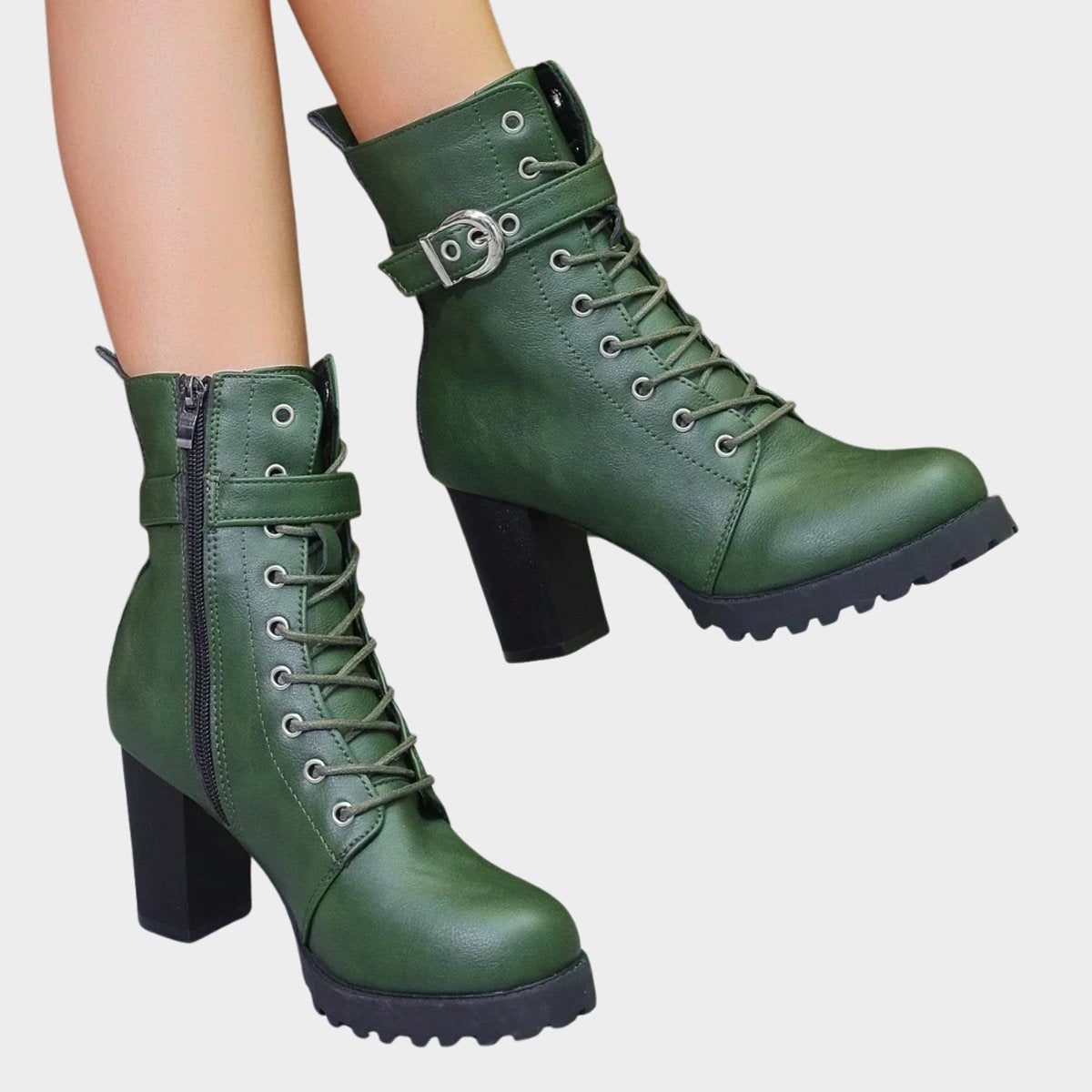 Women's Faux Leather Block Heel Ankle Boots with Lace-Up Front - Maisie London