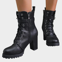 Women's Faux Leather Block Heel Ankle Boots with Lace-Up Front - Maisie London