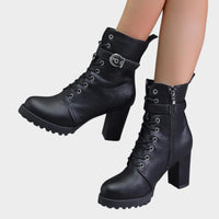 Women's Faux Leather Block Heel Ankle Boots with Lace-Up Front - Maisie London