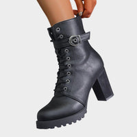 Women's Faux Leather Block Heel Ankle Boots with Lace-Up Front - Maisie London