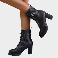 Women's Faux Leather Block Heel Ankle Boots with Lace-Up Front - Maisie London
