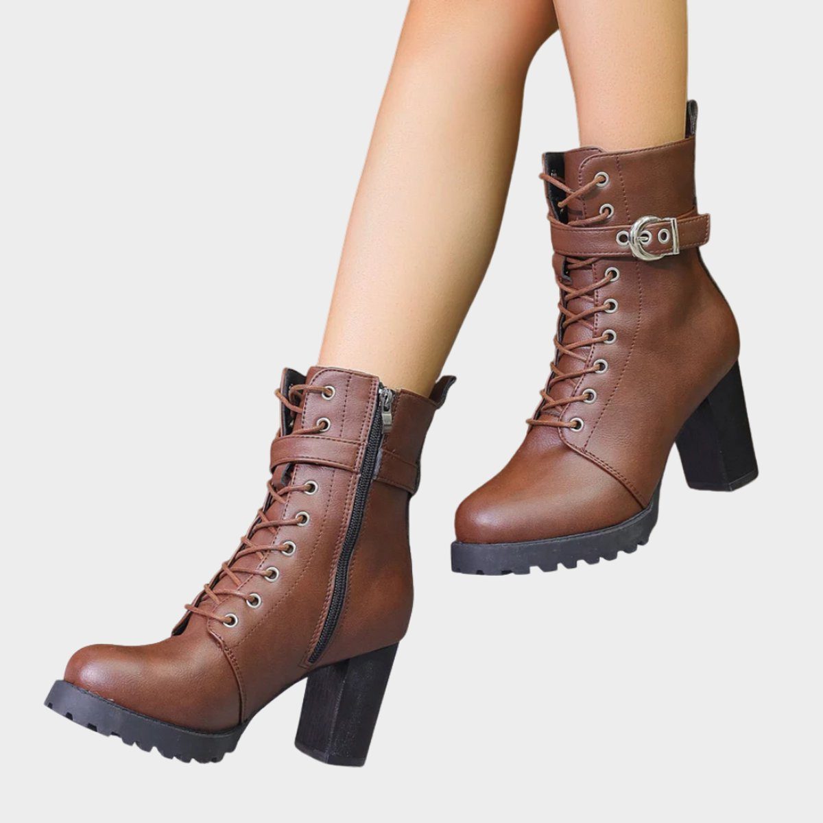 Women's Faux Leather Block Heel Ankle Boots with Lace-Up Front - Maisie London