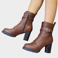 Women's Faux Leather Block Heel Ankle Boots with Lace-Up Front - Maisie London