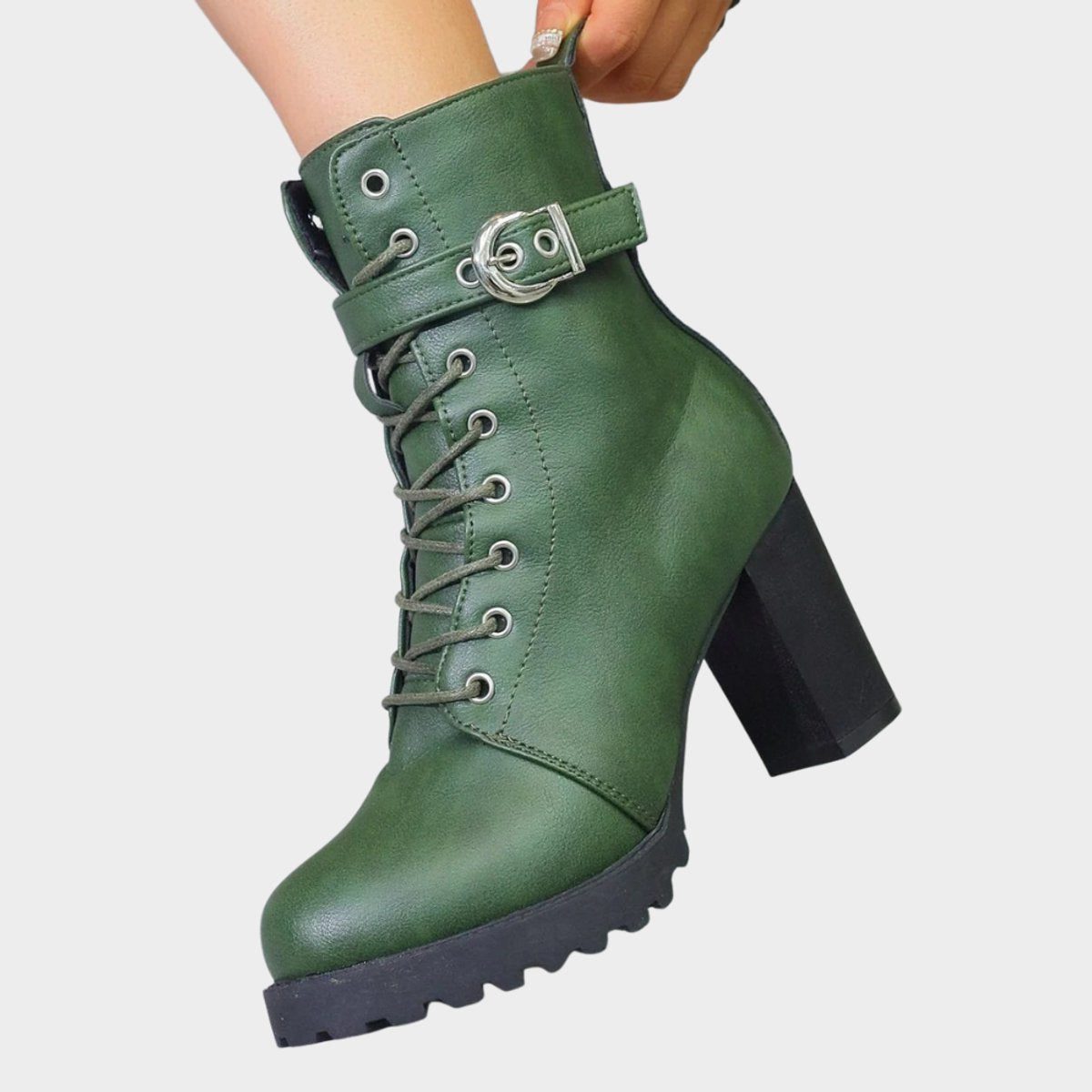 Women's Faux Leather Block Heel Ankle Boots with Lace-Up Front - Maisie London