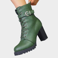 Women's Faux Leather Block Heel Ankle Boots with Lace-Up Front - Maisie London