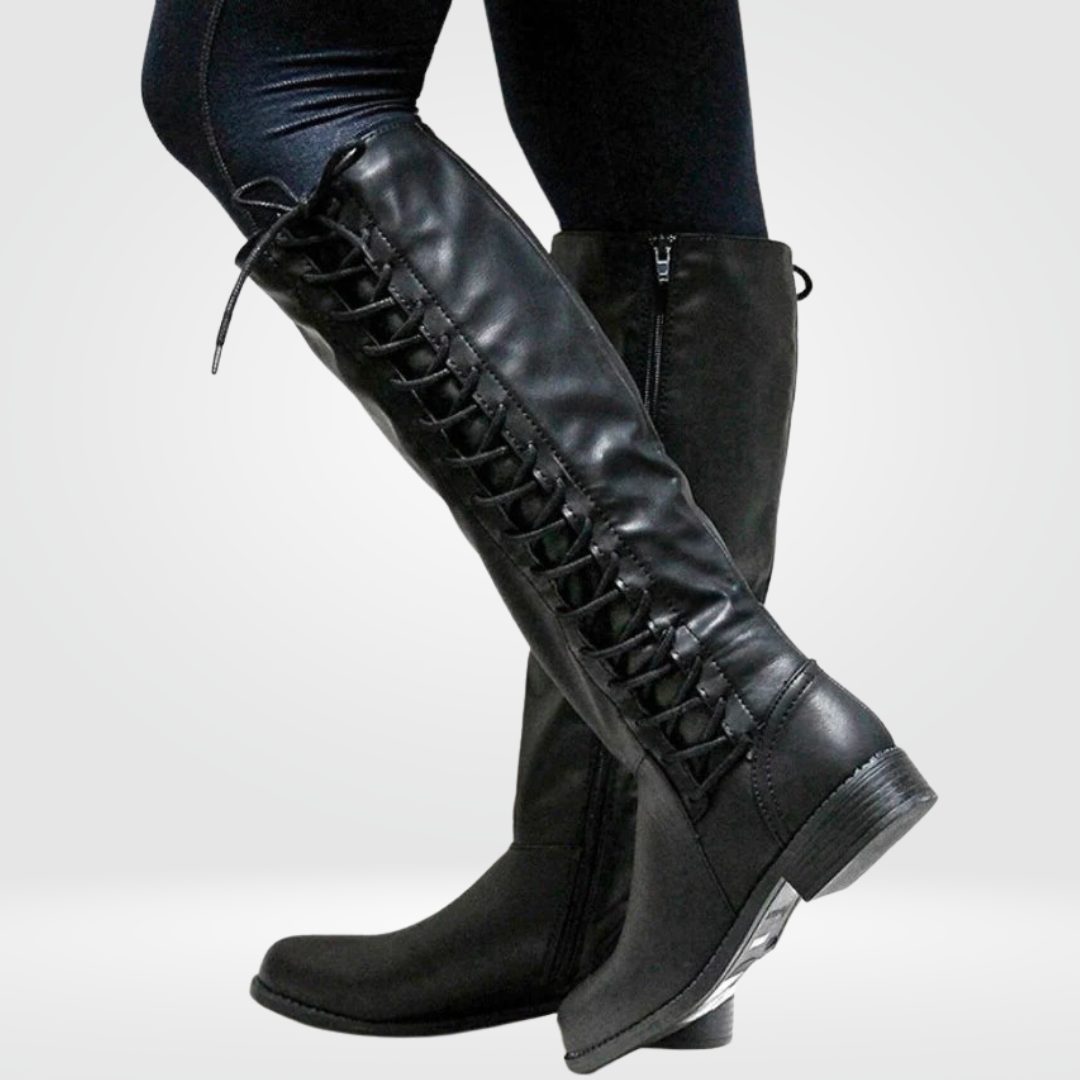 Women's Faux Leather Knee-High Boots with Lace-Up Front and Block Heel - Maisie London
