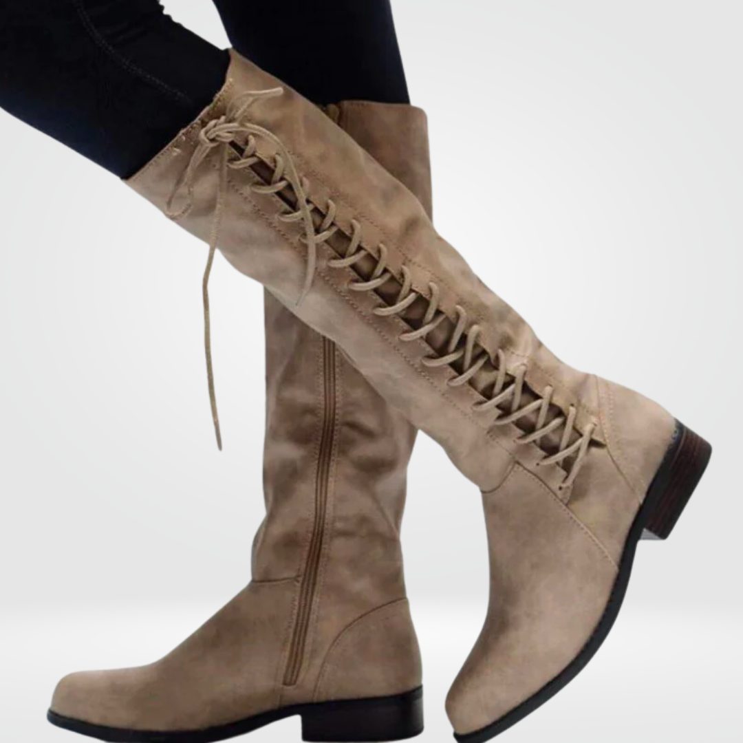 Women's Faux Leather Knee-High Boots with Lace-Up Front and Block Heel - Maisie London