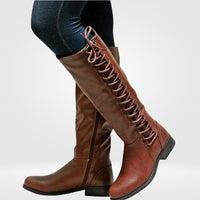 Women's Faux Leather Knee-High Boots with Lace-Up Front and Block Heel - Maisie London