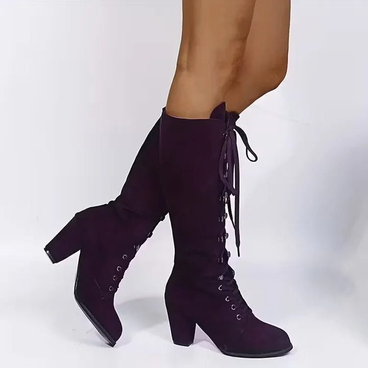 Women's Faux Suede Knee-High Boots with Lace-Up Front and Block Heel - Maisie London