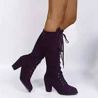 Women's Faux Suede Knee-High Boots with Lace-Up Front and Block Heel - Maisie London