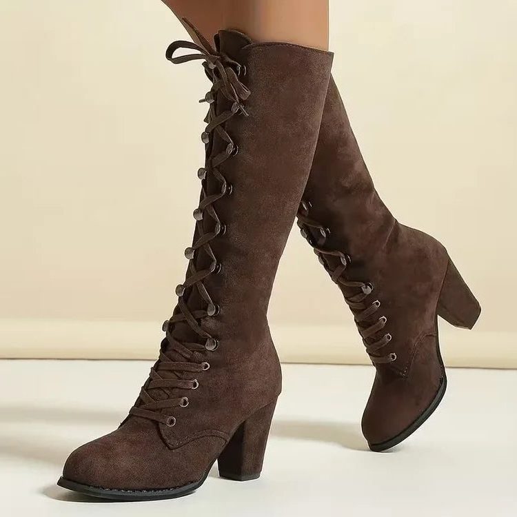 Women's Faux Suede Knee-High Boots with Lace-Up Front and Block Heel - Maisie London