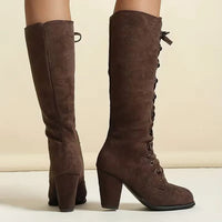 Women's Faux Suede Knee-High Boots with Lace-Up Front and Block Heel - Maisie London