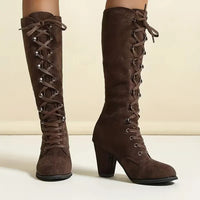 Women's Faux Suede Knee-High Boots with Lace-Up Front and Block Heel - Maisie London