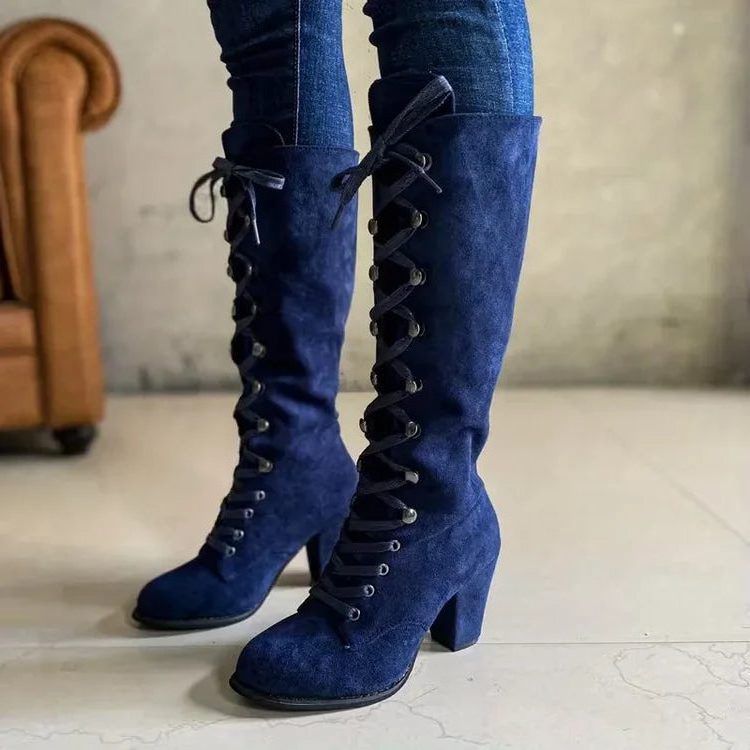 Women's Faux Suede Knee-High Boots with Lace-Up Front and Block Heel - Maisie London