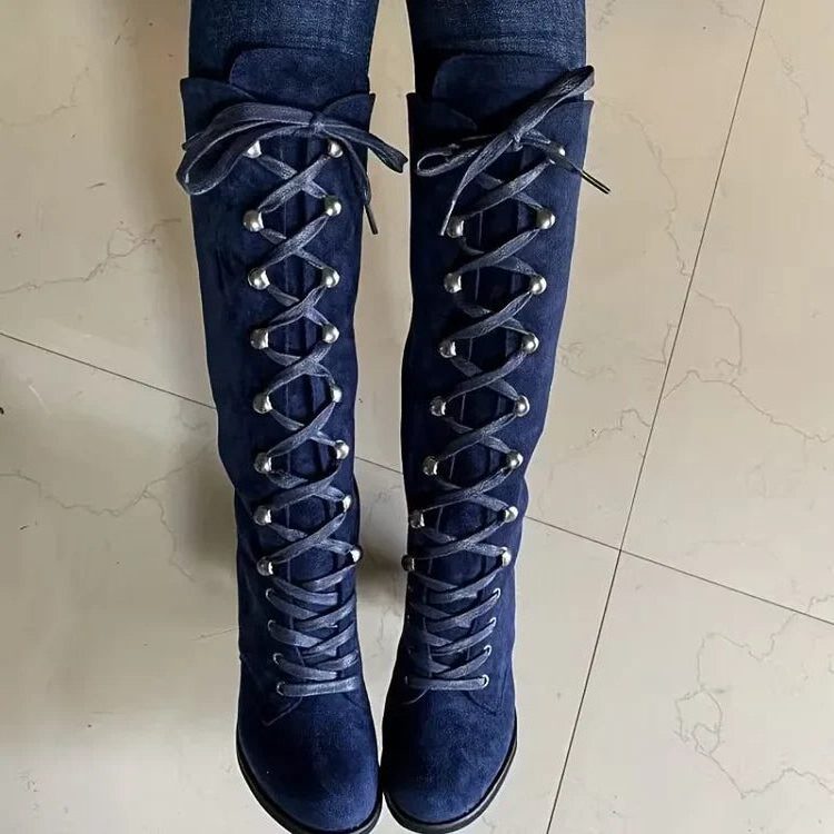 Women's Faux Suede Knee-High Boots with Lace-Up Front and Block Heel - Maisie London