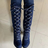 Women's Faux Suede Knee-High Boots with Lace-Up Front and Block Heel - Maisie London