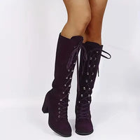 Women's Faux Suede Knee-High Boots with Lace-Up Front and Block Heel - Maisie London