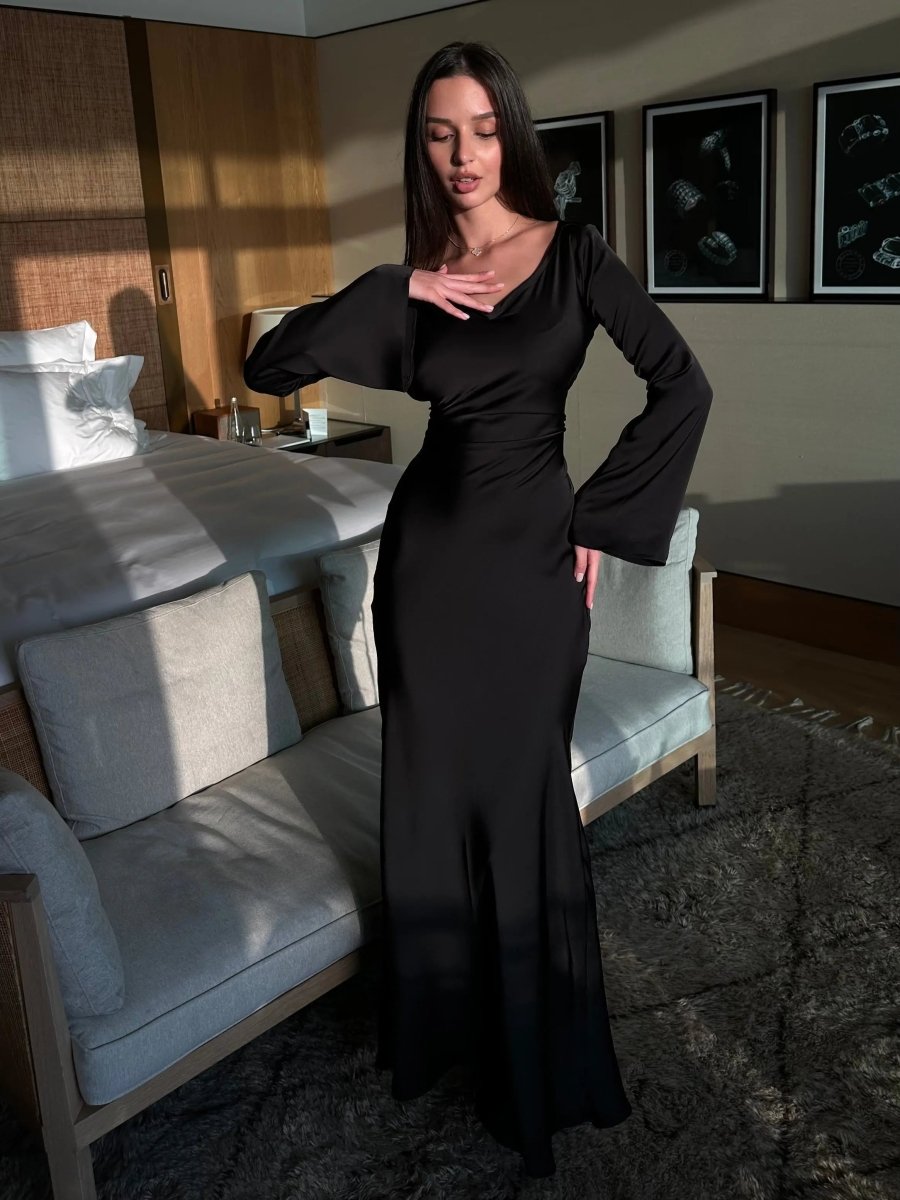 Women's Satin Fishtail Maxi Dress with Flared Sleeves - Maisie London