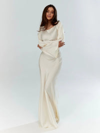 Women's Satin Fishtail Maxi Dress with Flared Sleeves - Maisie London