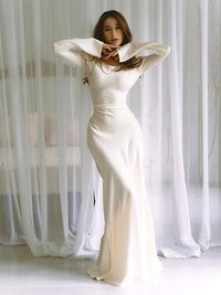 Women's Satin Fishtail Maxi Dress with Flared Sleeves - Maisie London