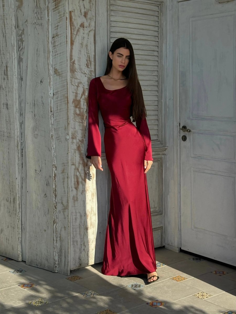 Women's Satin Fishtail Maxi Dress with Flared Sleeves - Maisie London