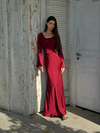 Women's Satin Fishtail Maxi Dress with Flared Sleeves - Maisie London