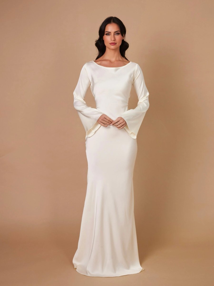 Women's Satin Fishtail Maxi Dress with Flared Sleeves - Maisie London
