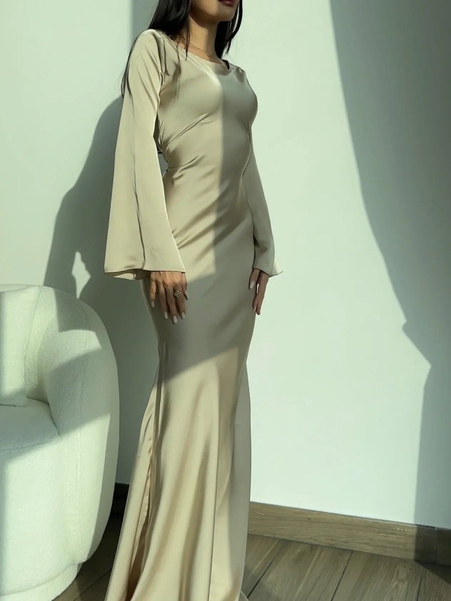 Women's Satin Fishtail Maxi Dress with Flared Sleeves - Maisie London