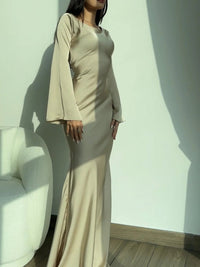 Women's Satin Fishtail Maxi Dress with Flared Sleeves - Maisie London