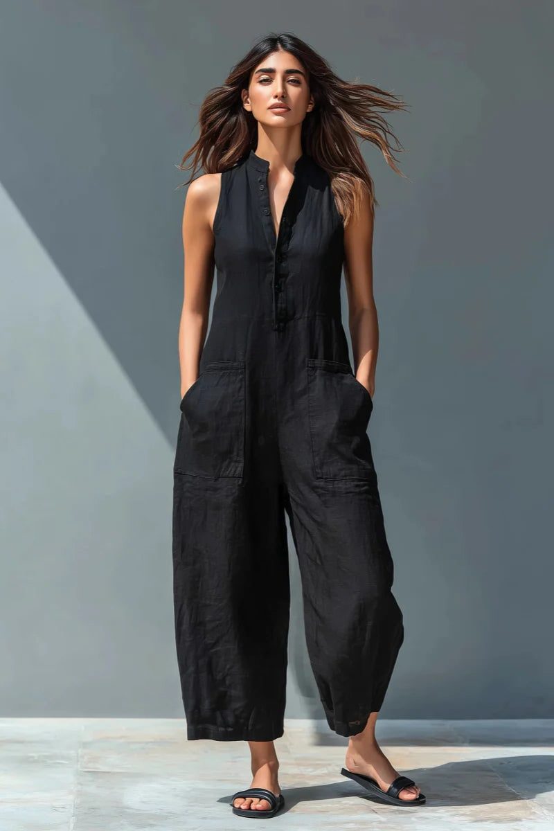 Women's Linen-Look Wide-Leg Jumpsuit with Stand Collar and Pockets - Maisie London