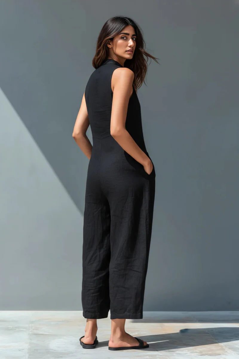 Women's Linen-Look Wide-Leg Jumpsuit with Stand Collar and Pockets - Maisie London
