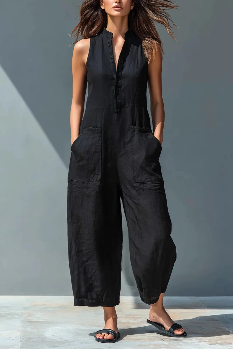 Women's Linen-Look Wide-Leg Jumpsuit with Stand Collar and Pockets - Maisie London