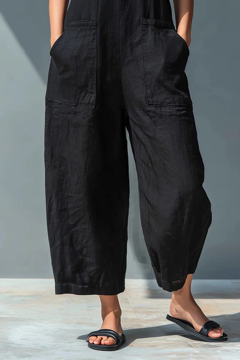 Women's Linen-Look Wide-Leg Jumpsuit with Stand Collar and Pockets - Maisie London