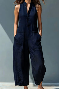 Women's Linen-Look Wide-Leg Jumpsuit with Stand Collar and Pockets - Maisie London