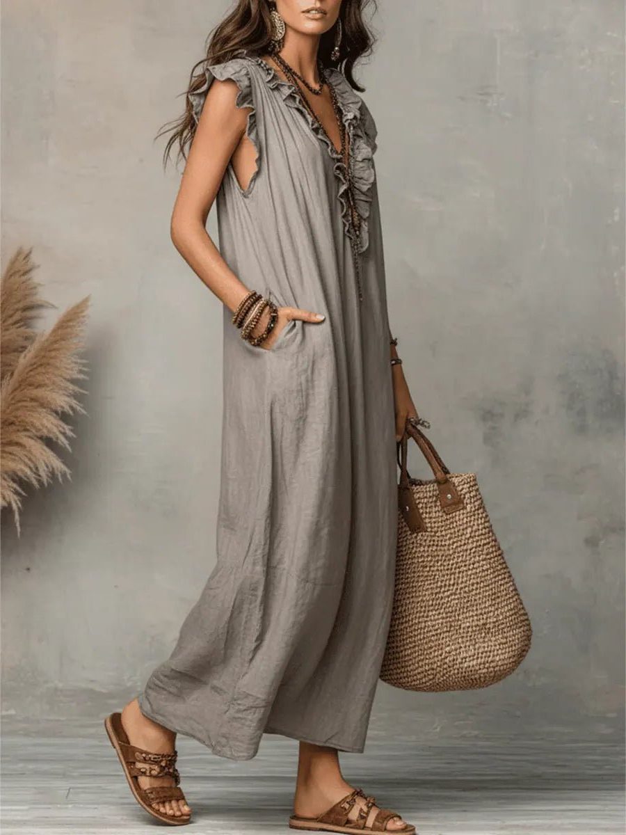 Women's Linen-Look V-Neck Maxi Dress with Flutter Sleeves and Ruffles - Maisie London