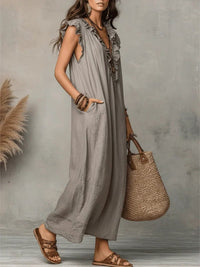Women's Linen-Look V-Neck Maxi Dress with Flutter Sleeves and Ruffles - Maisie London