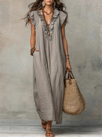 Women's Linen-Look V-Neck Maxi Dress with Flutter Sleeves and Ruffles - Maisie London