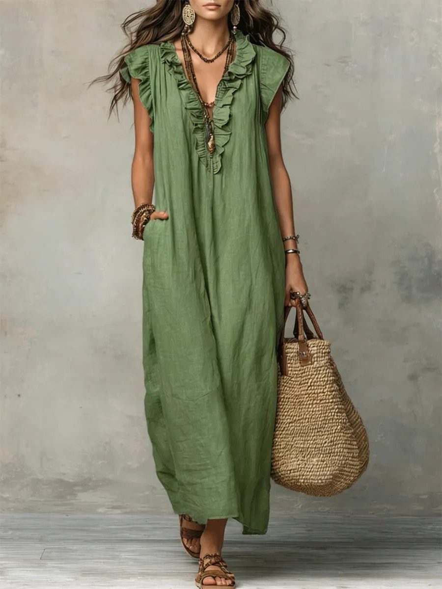 Women's Linen-Look V-Neck Maxi Dress with Flutter Sleeves and Ruffles - Maisie London