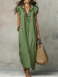 Women's Linen-Look V-Neck Maxi Dress with Flutter Sleeves and Ruffles - Maisie London