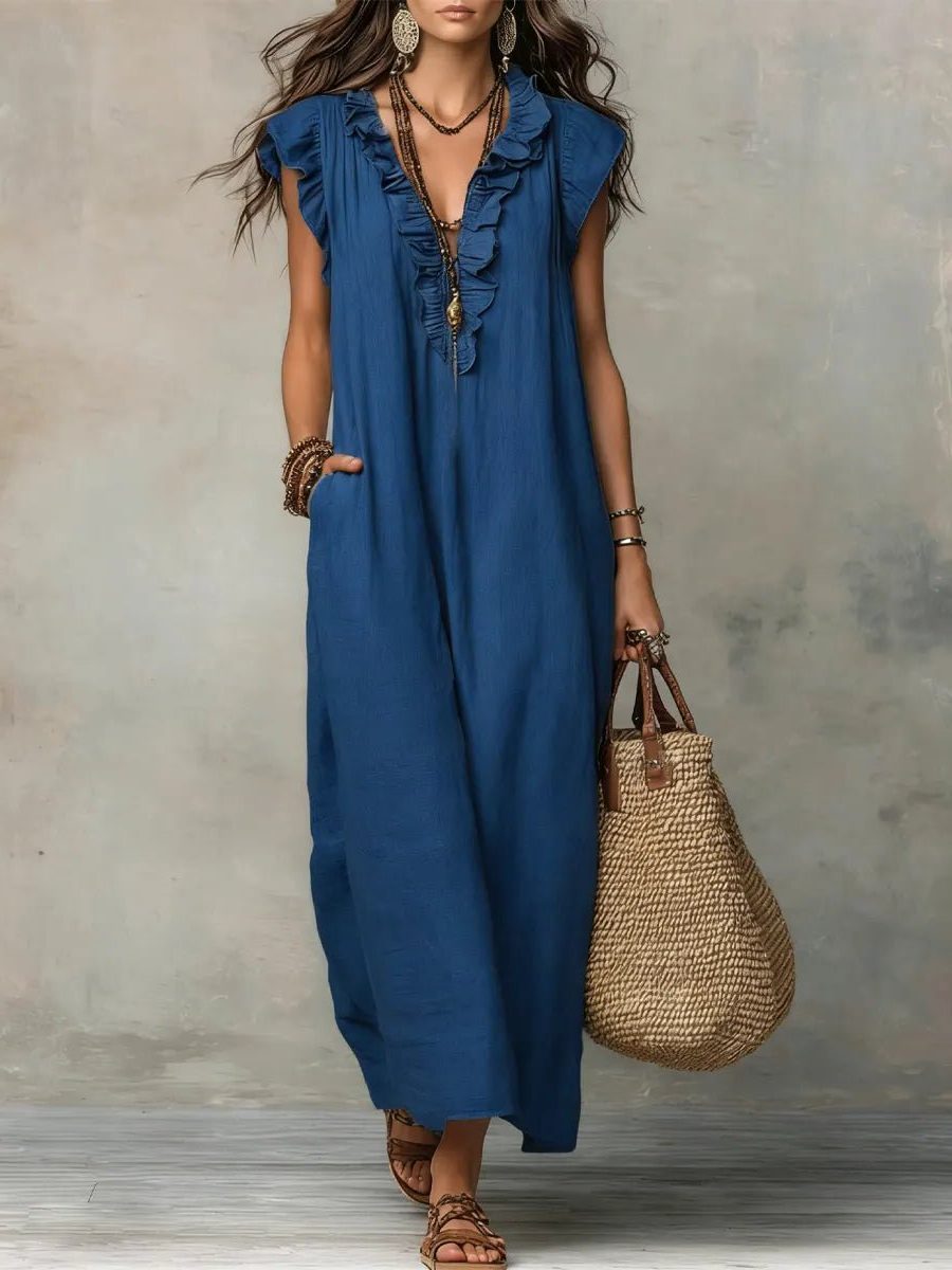 Women's Linen-Look V-Neck Maxi Dress with Flutter Sleeves and Ruffles - Maisie London
