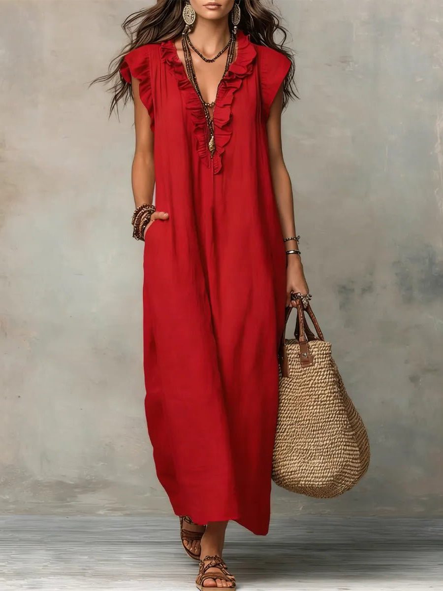 Women's Linen-Look V-Neck Maxi Dress with Flutter Sleeves and Ruffles - Maisie London