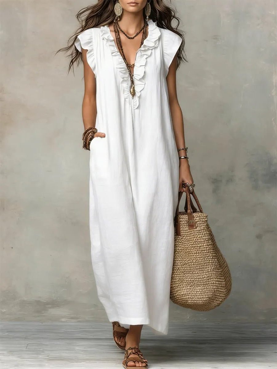 Women's Linen-Look V-Neck Maxi Dress with Flutter Sleeves and Ruffles - Maisie London