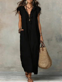 Women's Linen-Look V-Neck Maxi Dress with Flutter Sleeves and Ruffles - Maisie London