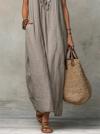Women's Linen-Look V-Neck Maxi Dress with Flutter Sleeves and Ruffles - Maisie London